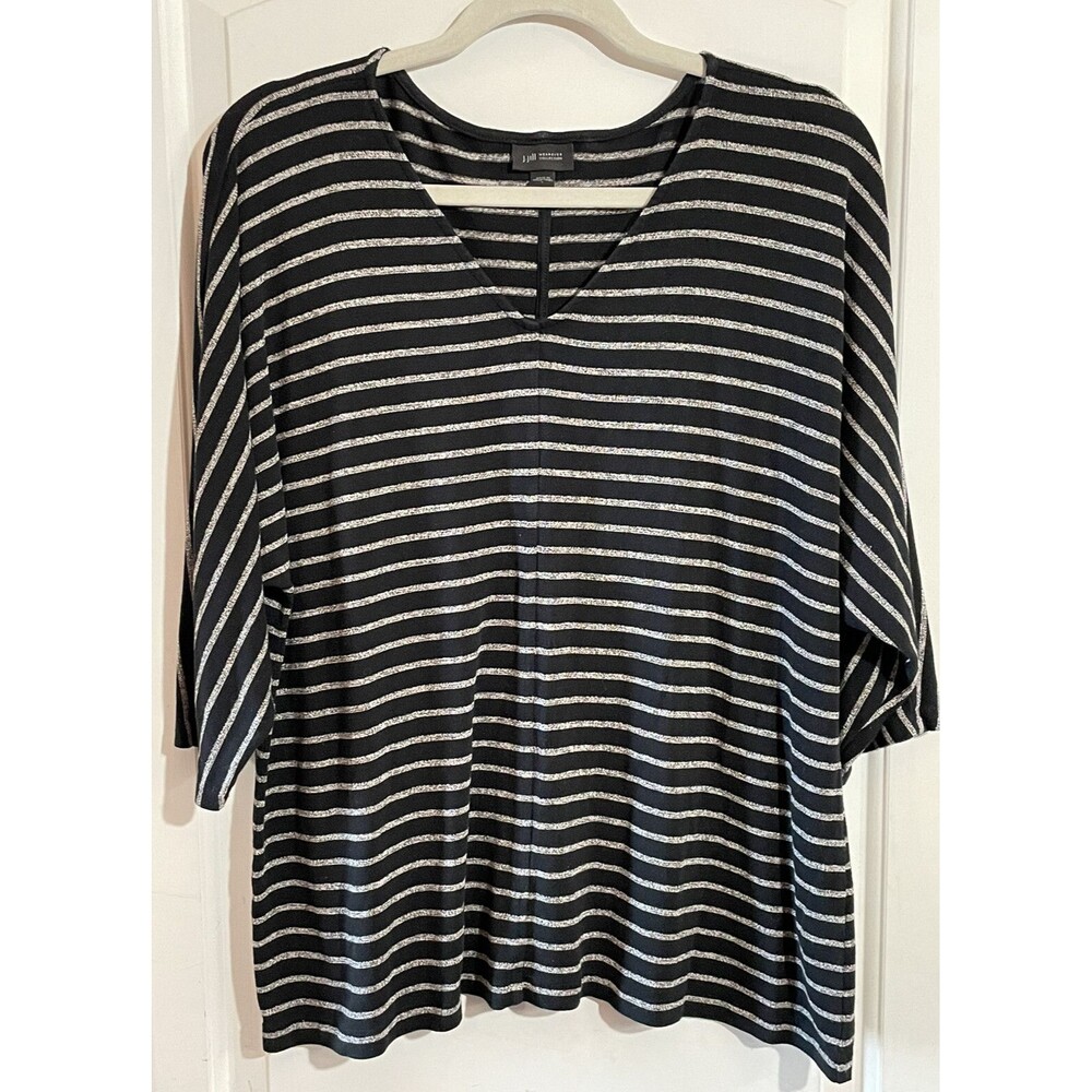 J Jill Wearever Collection Soft Knit Tunic Top Black Striped Batwing Sleeve Lrg